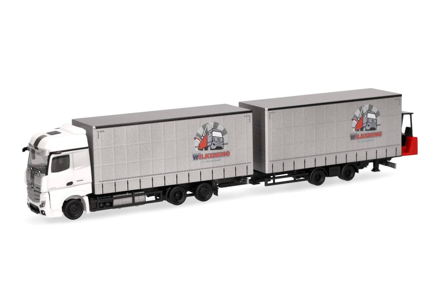 Herpa H0 (1:87) 319683 - Mercedes-Benz Actros Jumbogardinenplanentandem-Hängerzug mit Stapler Wilkening | Modellbahn | Modelleisenbahn
