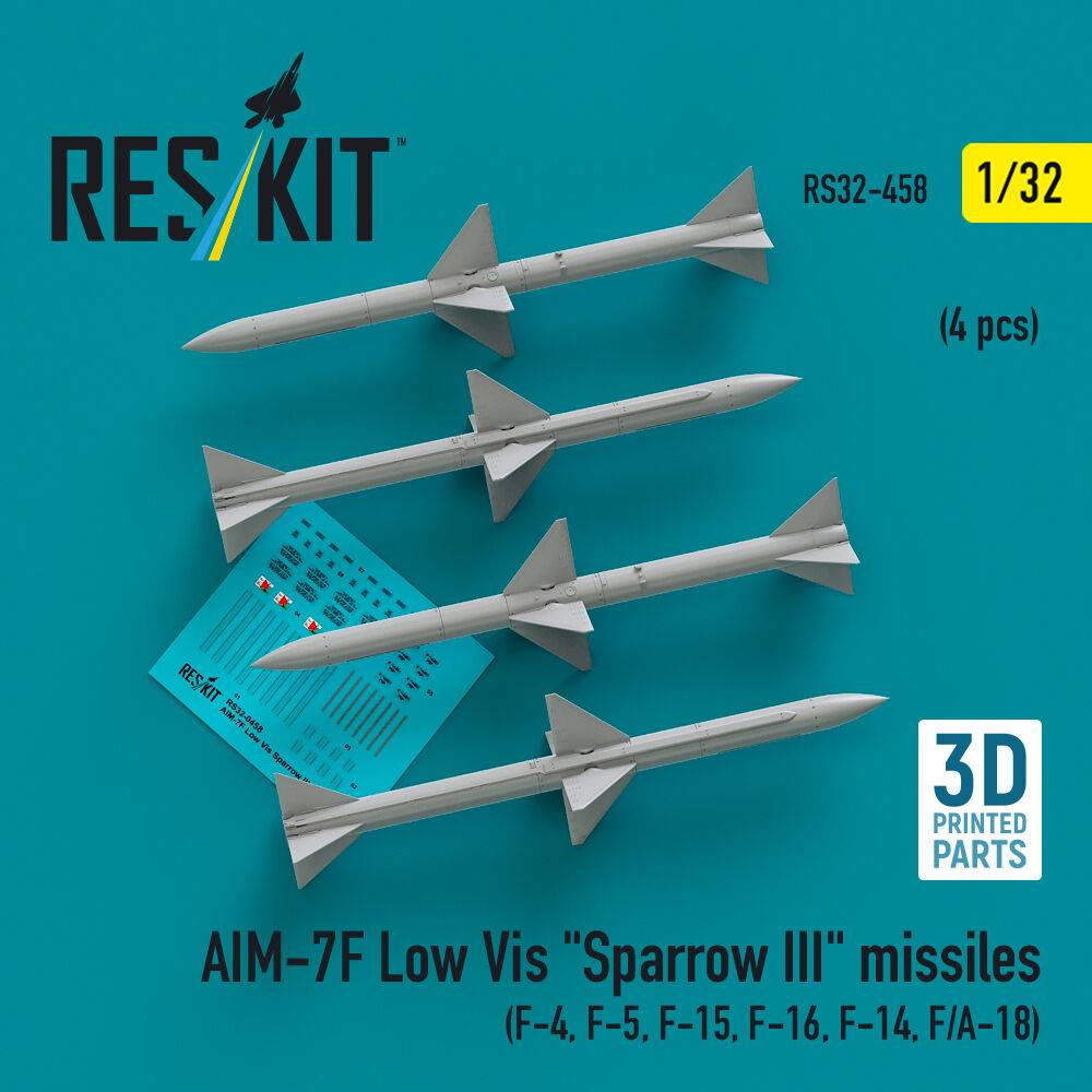 ResKit Models RS32-0458 - AIM-7F Low Vis Sparrow III missiles (4 pcs) (F-4, F-5, F-15, F-16, F-14, F/A-18) (3D Printed) | Modellbau