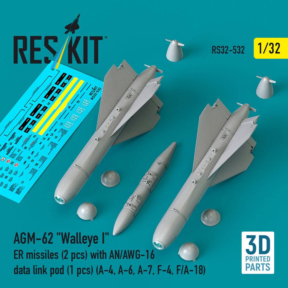 ResKit Models RS32-0532 - AGM-62 Walleye I ER missiles (2 pcs) with AN/AWG-16 data link pod (1 pcs) (A-4, A-6, A-7, F-4, F/A-18) (3D Printed) |