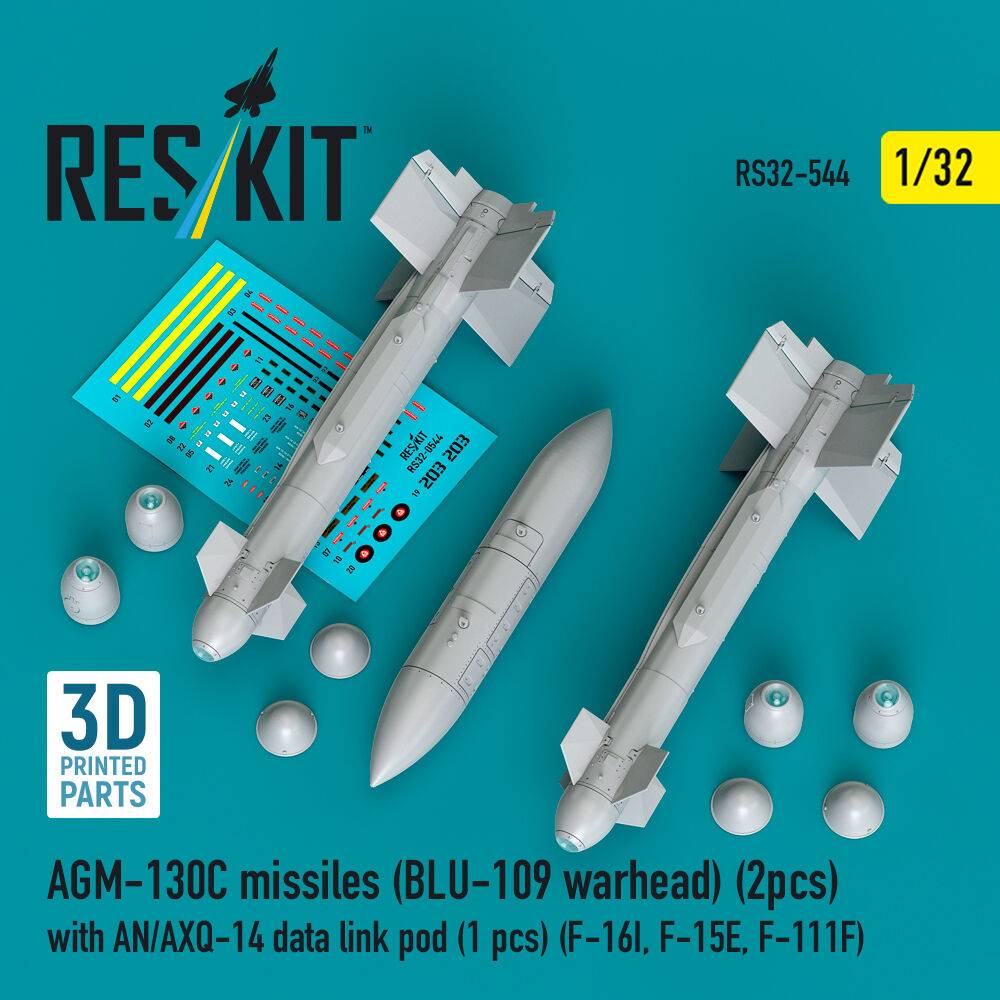 ResKit Models RS32-0544 - AGM-130C missiles (BLU-109 warhead) (2 pcs) with AN/AXQ-14 data link pod (1 pcs) (F-16I, F-15E, F-111F) (3D Printed) |