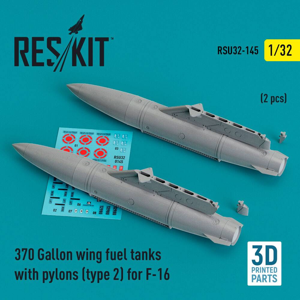 ResKit Models RSU32-0145 - 370 Gallon wing fuel tanks with pylons (type 2) for F-16 (A/B/C/D/E/F/I) (2 pcs) (3D Printed) | Modellbau