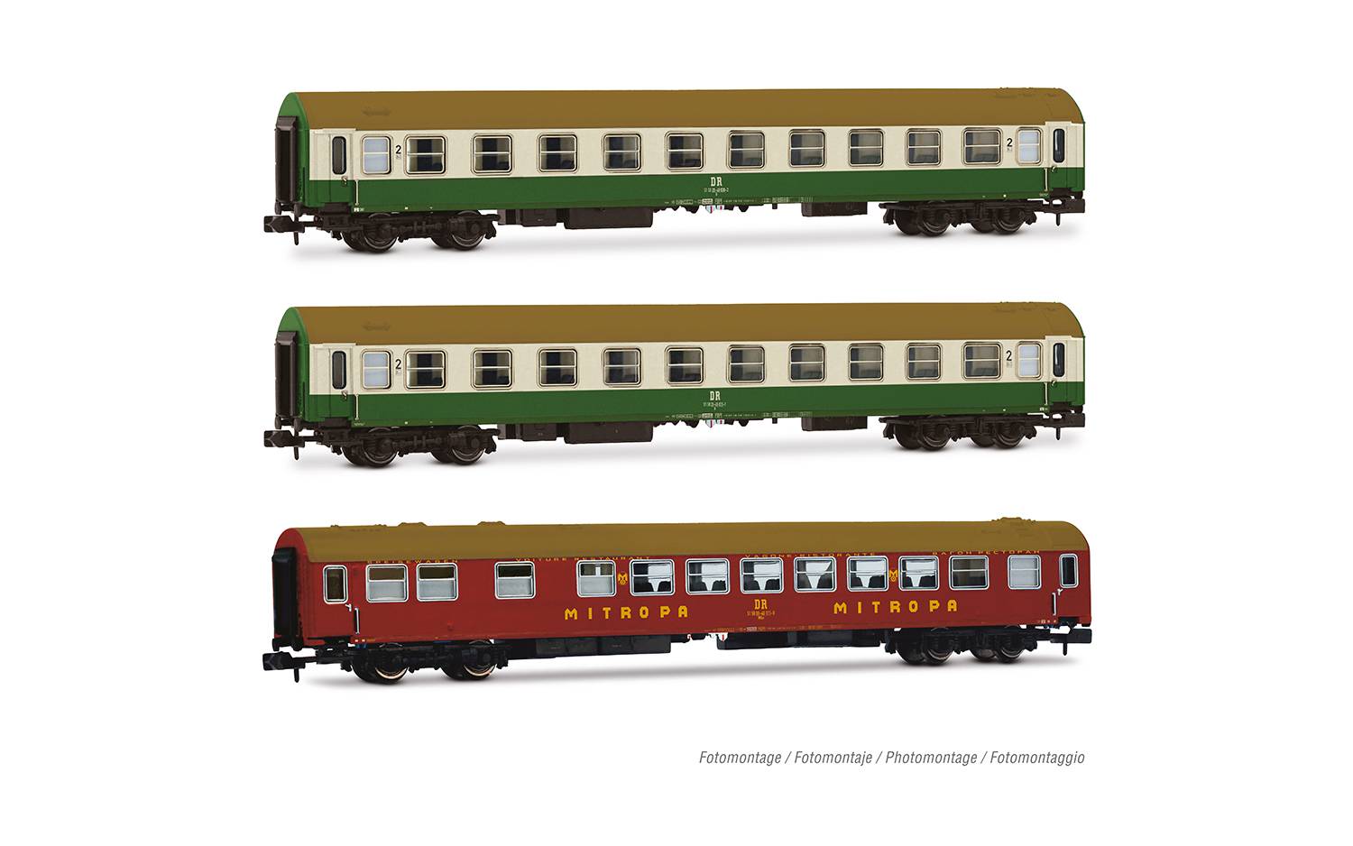 Arnold N HN4483 - DR, 3-tlg. Set OSShD-Wagen Typ B, Nr. 2/2, bestehend aus 1 x WR + 2 x B, grün/beige Farbgebung, Ep. IV | Modellbahn |